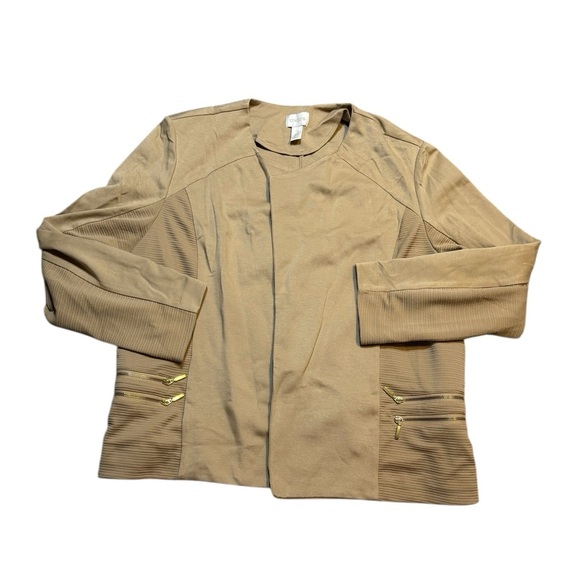 👔 Chico’s Womens XXL Tan Lightweight Blazer Jacket Open Front Gold Zipper  👔 - Picture 1 of 5